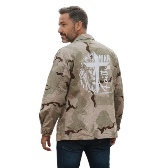 Man of Faith Lion of Judah Custom Upcycled U.S. Navy Gulf War Desert Storm Camo Military Camo Jacket, Men's M