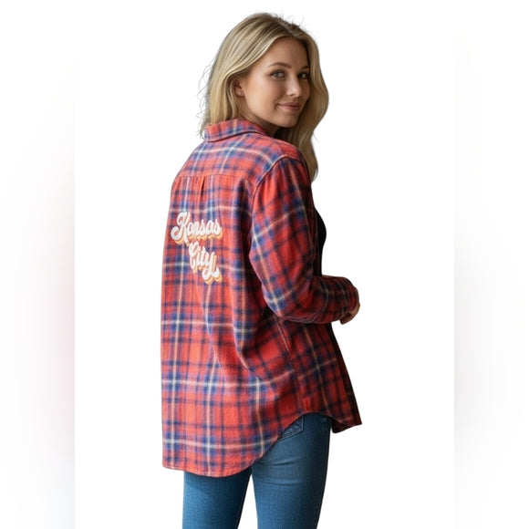 Kansas City Chiefs Upcycled Vibrant Red Plaid Button Down Shirt, Size S