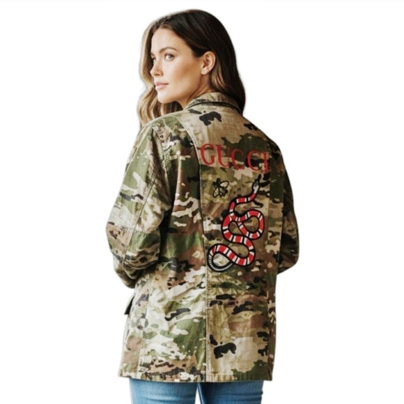 Upcycled Military Camouflage Field Jacket with Snake & Bee Details, M