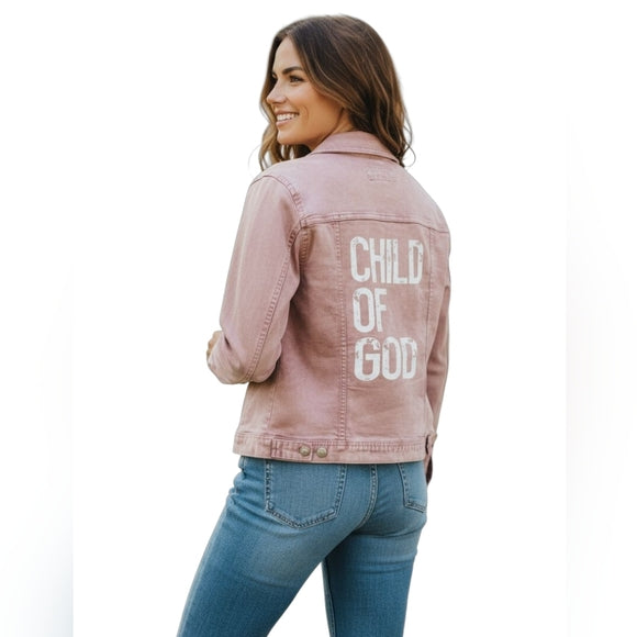 Child Of God Custom Christian Upcycled Light Mauve/Lavender Jean Jacket, Women's L