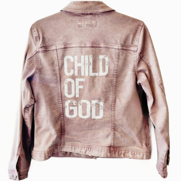 Child Of God Custom Christian Upcycled Light Mauve/Lavender Jean Jacket, Women's L