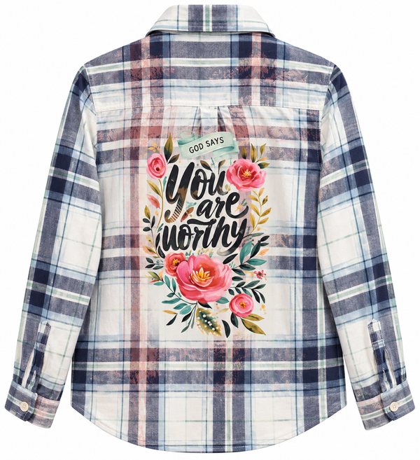 God Says You Are Worthy Custom Upcycled Christian Plaid Shirt, L