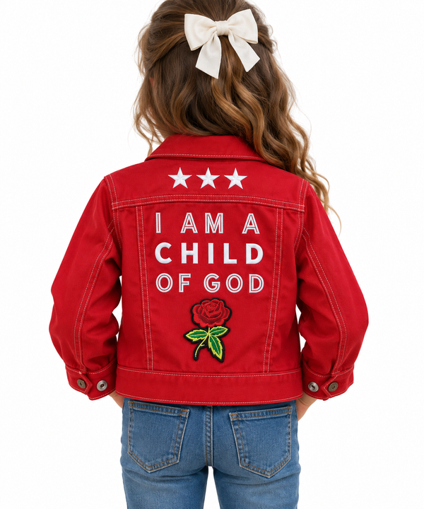 I Am a Child of God Custom Christian Upcycled Levi's Red Denim Jacket, Kids 6