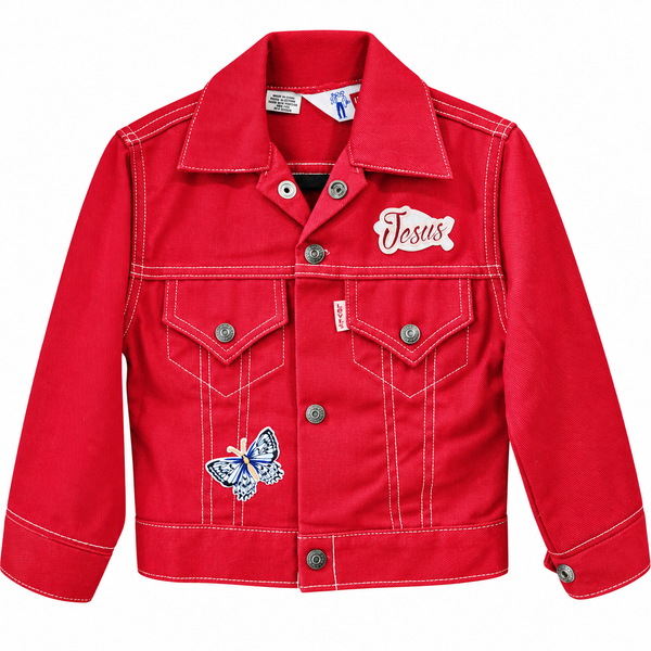 I Am a Child of God Custom Christian Upcycled Levi's Red Denim Jacket, Kids 6