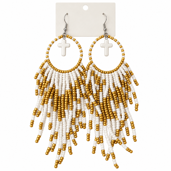 Hand Beaded White and Gold Round Fringe Earrings Adorned with Small Crosses