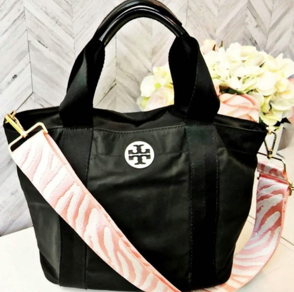 Tory Burch Black Nylon Tote with Pink Zebra Print Adjustable Crossbody Strap Bags Upcycled Designer Gemz 