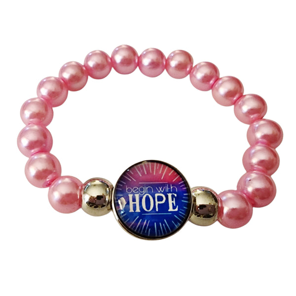 Beaded Stretch Bracelet with Interchangable Hope Snap Charm - Pink