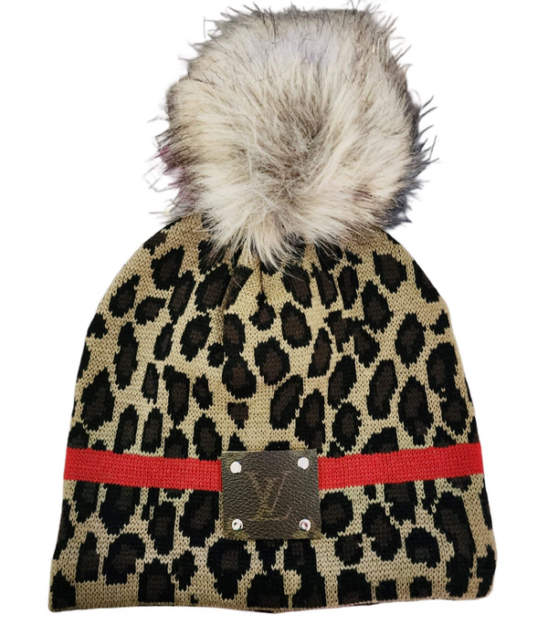 Leopard Red Stripe Sherpa Lined Beanie Pom Hat with Repurposed Patch Upcycled Designer Gemz 