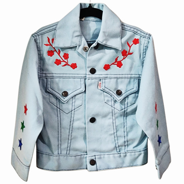 Jesus Butterfly Custom Christian Motif Upcycled Pale Blue Levi's Denim Jacket, Kids 6