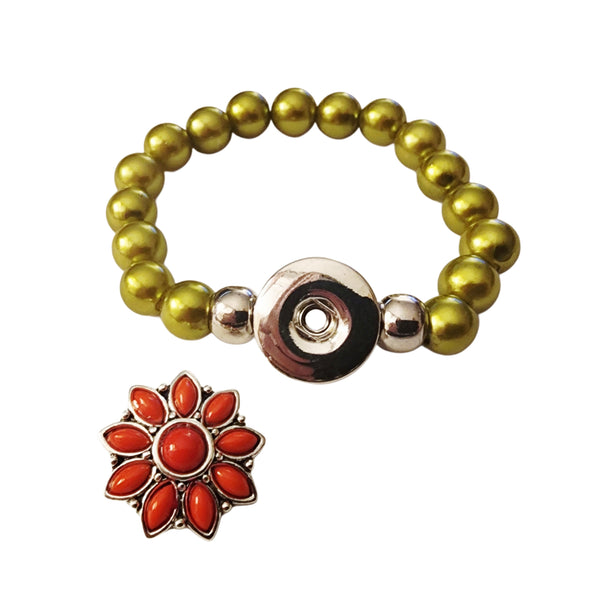 Beaded Stretch Bracelet with Interchangable Red Flower Snap Charm - Green