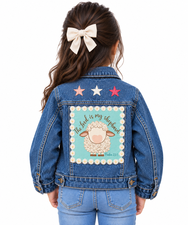The Lord is my Shepherd Custom  Christian Motif Upcycled Jean Jacket, Kids XL (14-16)