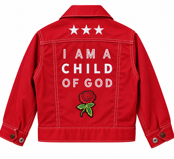 I Am a Child of God Custom Christian Upcycled Levi's Red Denim Jacket, Kids 6