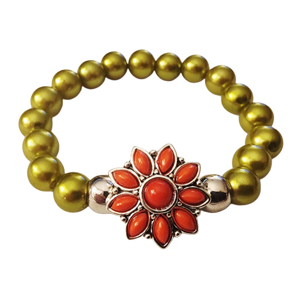 Beaded Stretch Bracelet with Interchangable Red Flower Snap Charm - Green