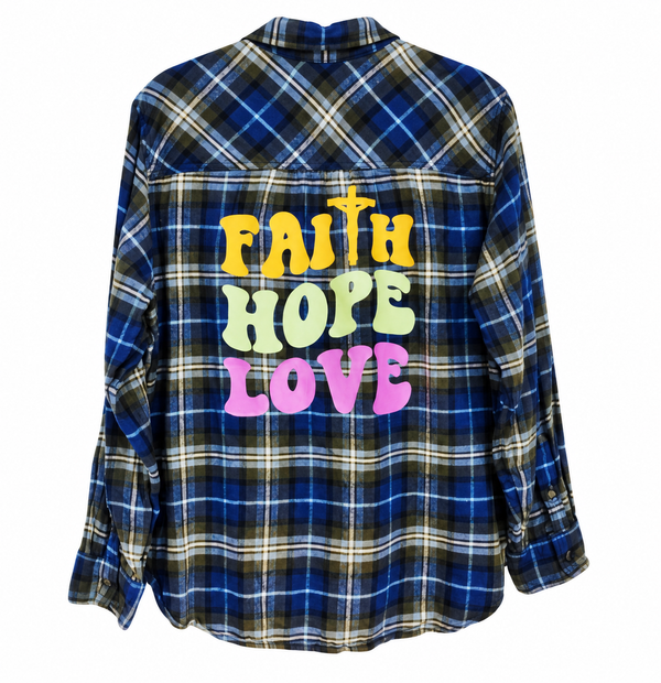 Faith, Hope, Love Repurposed Christian Theme Plaid Flannel Shirt, XL