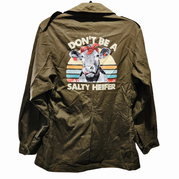 Don't be a Salty Heifer Custom Upcycled Vintage Denmark Military Field Jacket, Size M