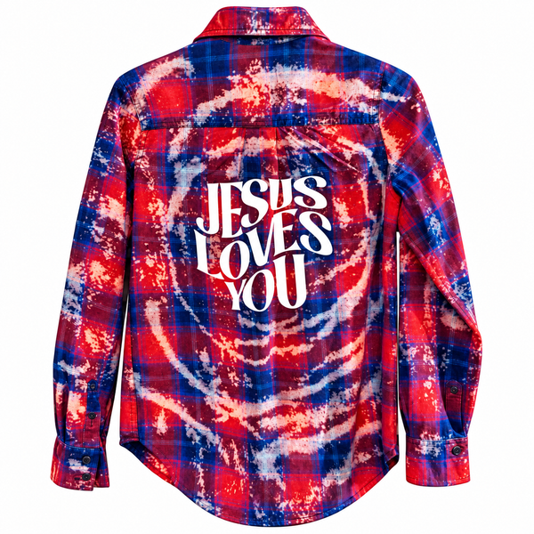 Jesus Loves You Repurposed Christian Theme Plaid Shirt, M