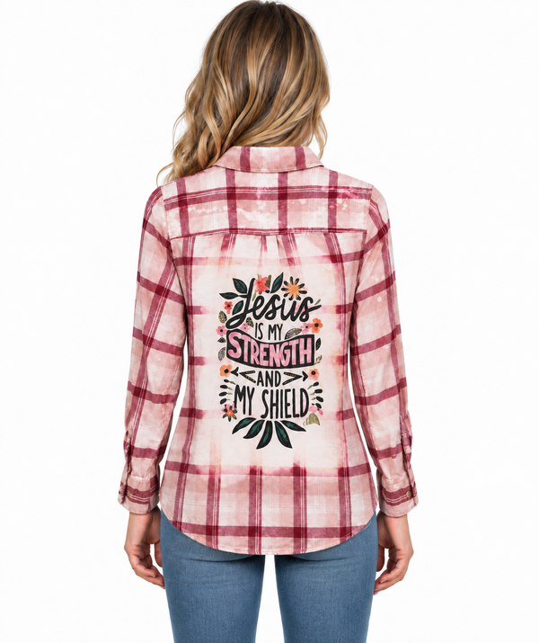 Jesus Is My Strength & My Shield  Repurposed Christian Theme Plaid Shirt, 12
