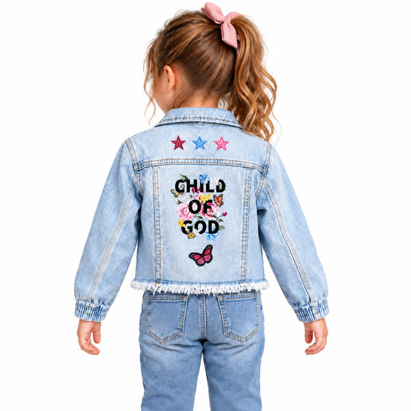 Child of God Custom Christian Upcycled Ligh Wash Denim Jacket, Kids XS 4/5