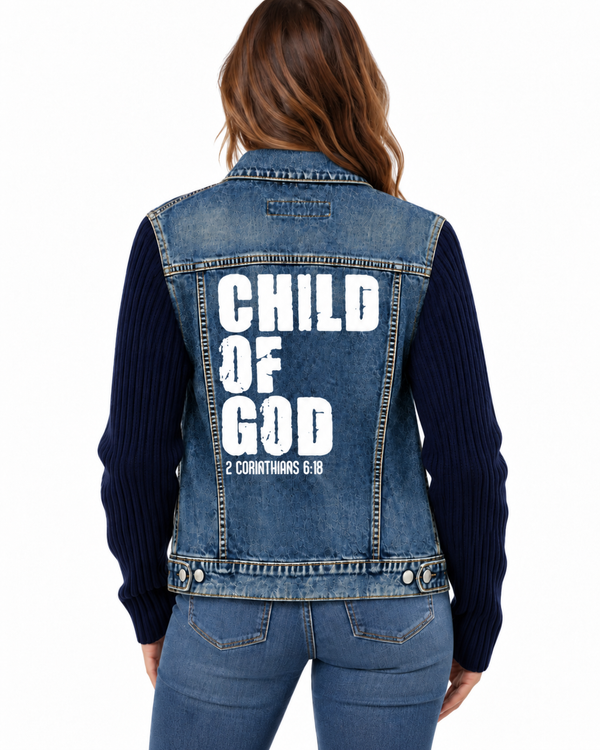 Child of God Custom Christian  Upcycled Guess Jeans Knit Sleeves Denim Jacket, XL