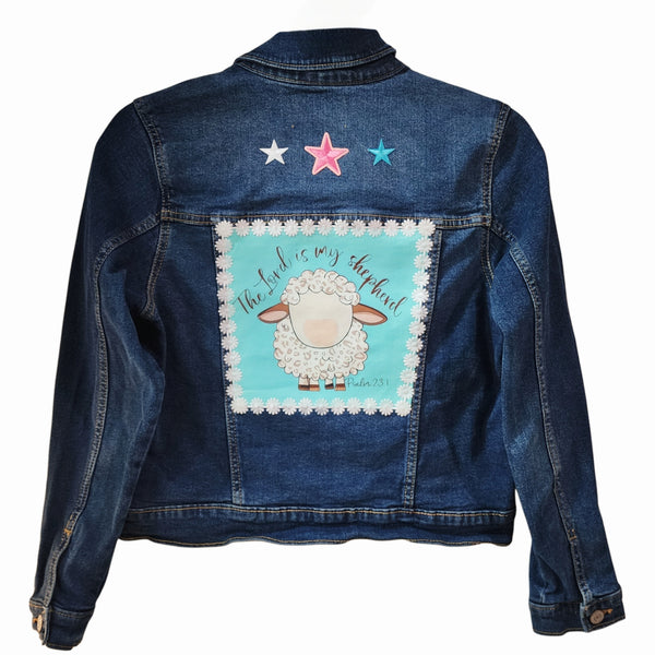 The Lord is my Shepherd Custom  Christian Motif Upcycled Jean Jacket, Kids XL (14-16)