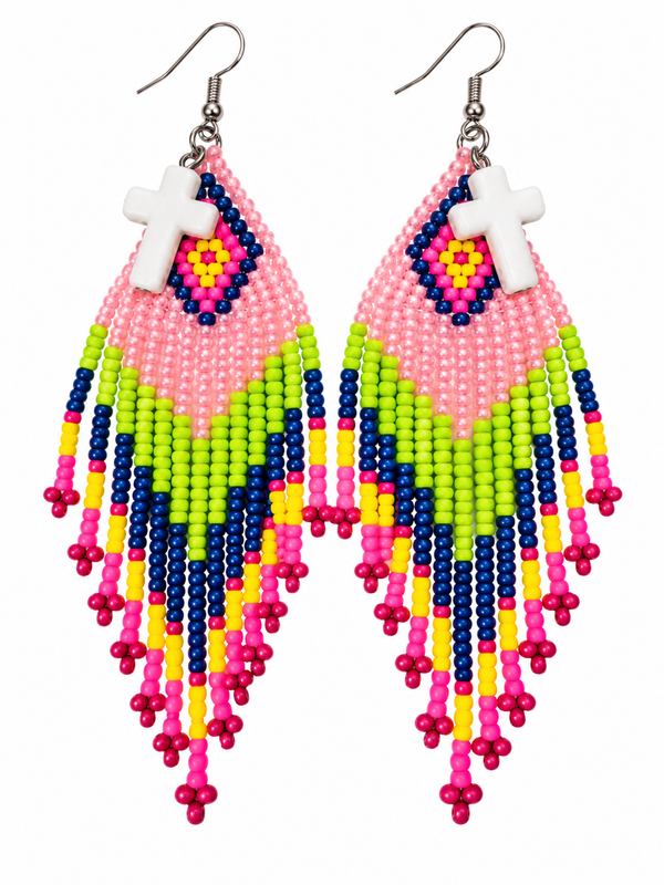 Hand Beaded Pink, Green, and White Fringe Earrings Adorned with Small White Crosses