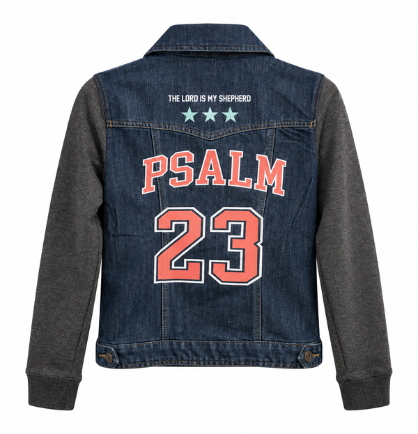 Psalm 23 Custom Upcycled Christian Jean Jacket with Knit Sleeves, S