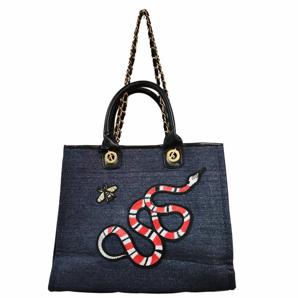 Designer Inspired Handcrafted Blue Denim Snake & Bee Embellished Large Tote