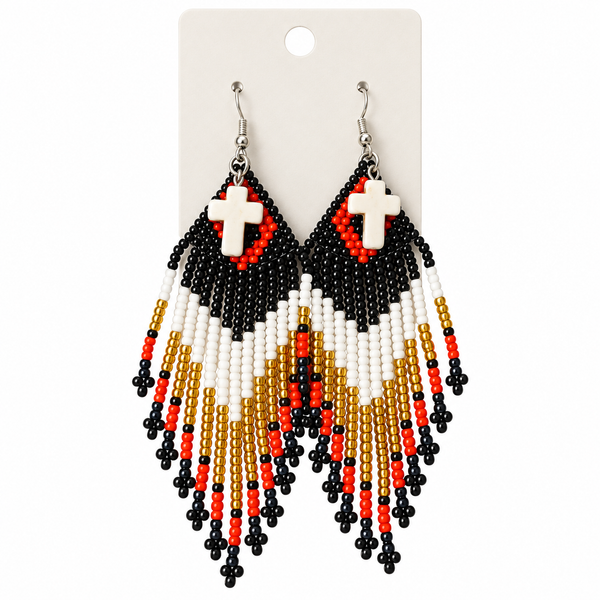 Hand Beaded Black, Red, Gold, and White Fringe Earrings Adorned with Crosses