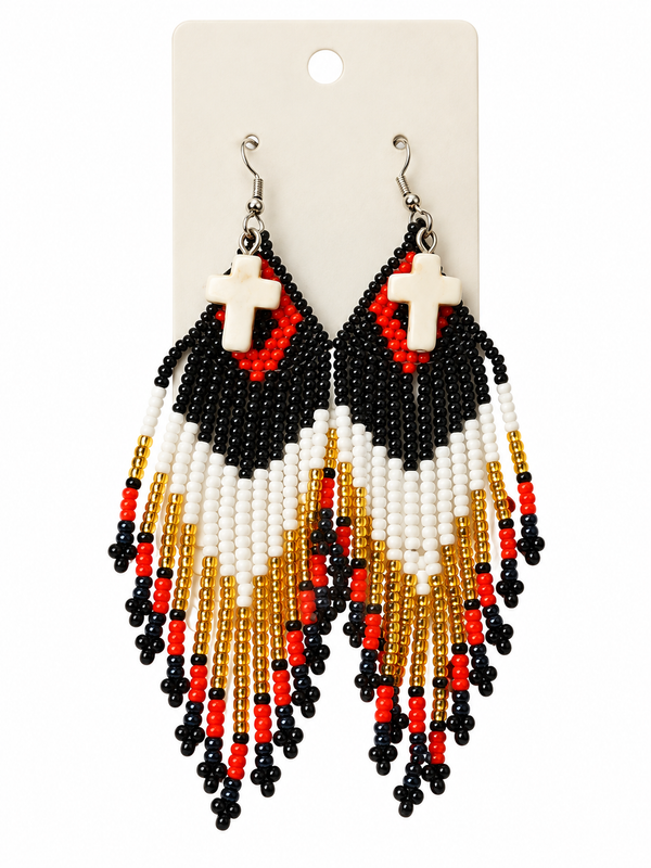 Hand Beaded Black, Red, Gold, and White Fringe Earrings Adorned with Crosses