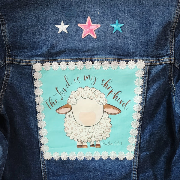The Lord is my Shepherd Custom  Christian Motif Upcycled Jean Jacket, Kids XL (14-16)