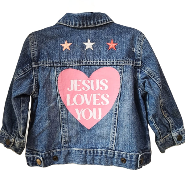 Jesus Loves You Custom Christian Upcycled Denim Jacket, Kids 18mos
