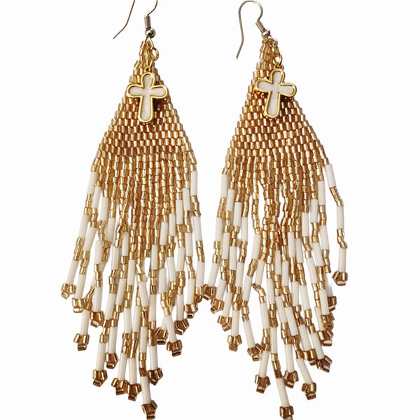 Hand Beaded Fringe Earrings Adorned with Small Enamel Crosses - White/Gold