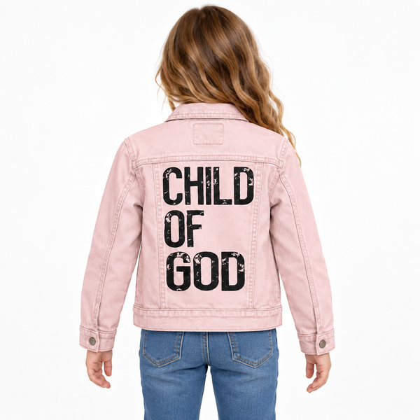 Child of God Custom Christian Upcycled Pale Pink Denim Jacket, Kids S/8