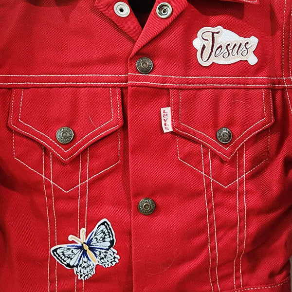 I Am a Child of God Custom Christian Upcycled Levi's Red Denim Jacket, Kids 6