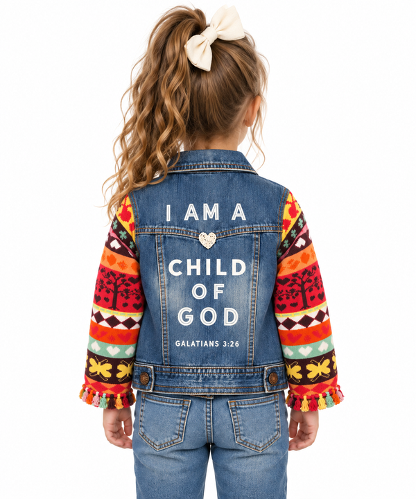 I Am A Child of God Upcycled Christian Girl's Sweater Sleeve Jean Jacket, 4T