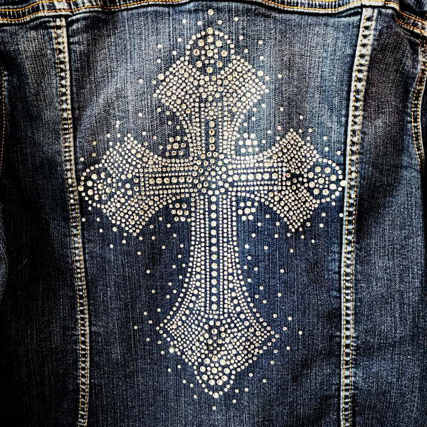 Rhinestone Cross Custom Back Upcycled Jean Jacket, Women's 2X
