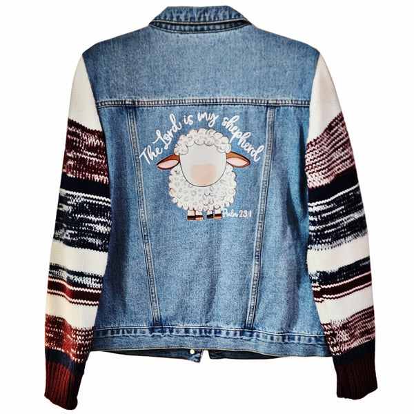 The Lord Is My Shepard Custom Upcycled Sweater Sleeve Jean Jacket, Women's M