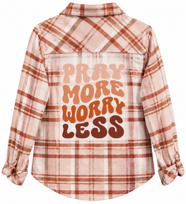 Pray More Worry Less Custom Christian Upcycled Plaid Flannel Shirt, Women's M