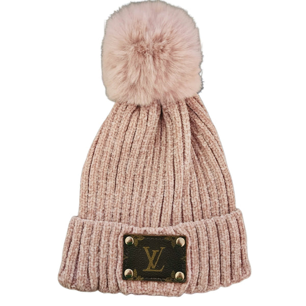 Pink Chenille Beanie Pom Hat with Repurposed Patch Upcycled Designer Gemz 