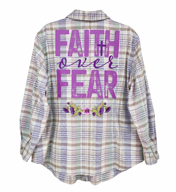 Faith Over Fear Repurposed Christian Theme Zip Front Shirt Jacket, 1X