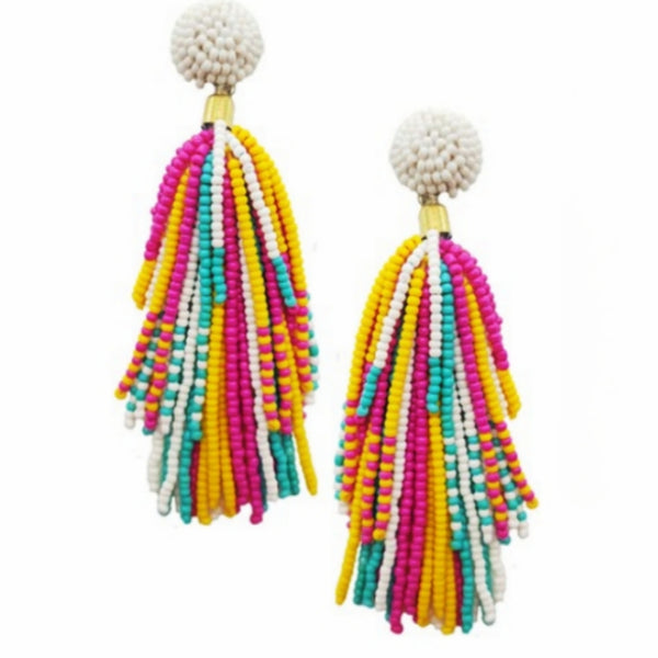 Pom Pom Ball Seed Bead Tassel Earrings