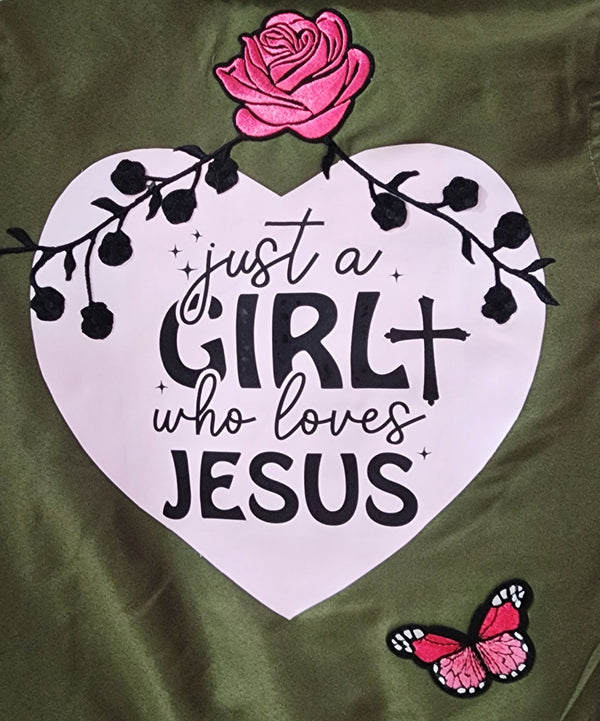 Just a Girl Who Loves Jesus Custom Christian Upcycled Bomber Jacket, Kids 6