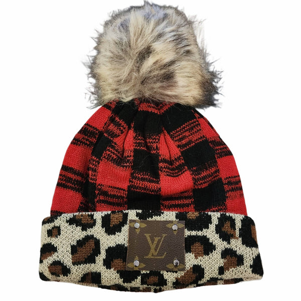 Red Buffalo Plaid Leopard Sherpa Lined Beanie Pom Hat with Repurposed Patch Upcycled Designer Gemz 