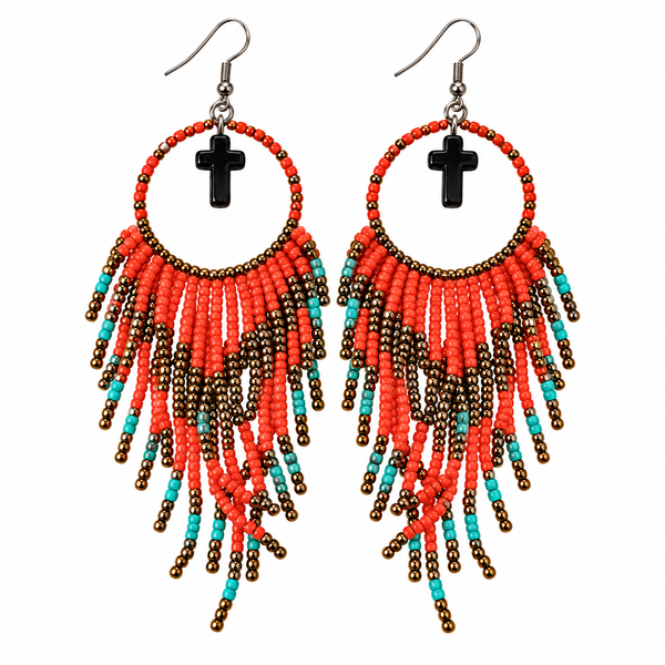 Hand Beaded Round Fringe Red, Turquoise, and Bronze Earrings Adorned with Small Black Crosses