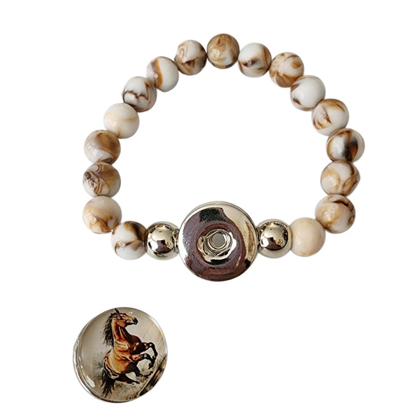 Beaded Stretch Bracelet with Interchangable Horse Snap Charm - Tan