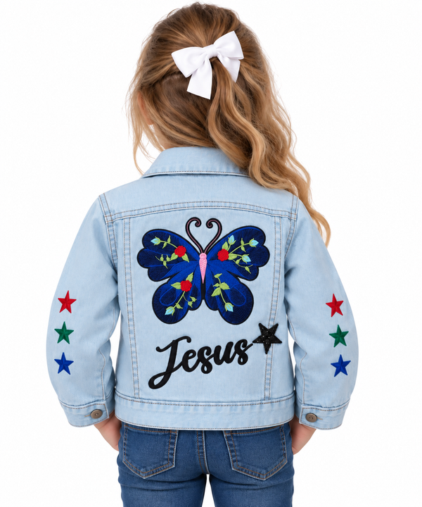 Jesus Butterfly Custom Christian Motif Upcycled Pale Blue Levi's Denim Jacket, Kids 6