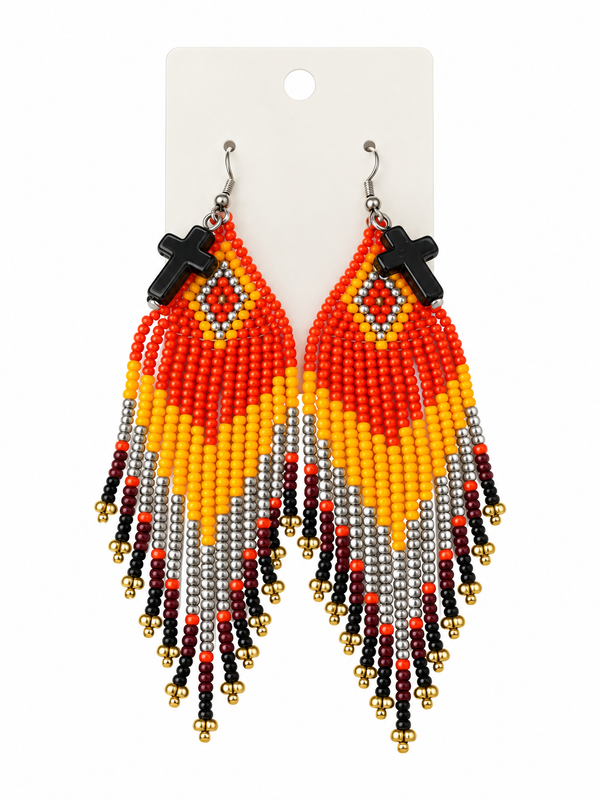 Hand Beaded Red, Orange, Gray, and Black Fringe Earrings Adorned with Crosses