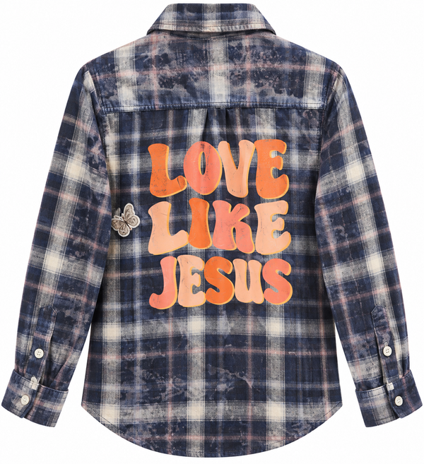 Love Like Jesus Custom Upcycled Christian Plaid Flannel Shirt, M