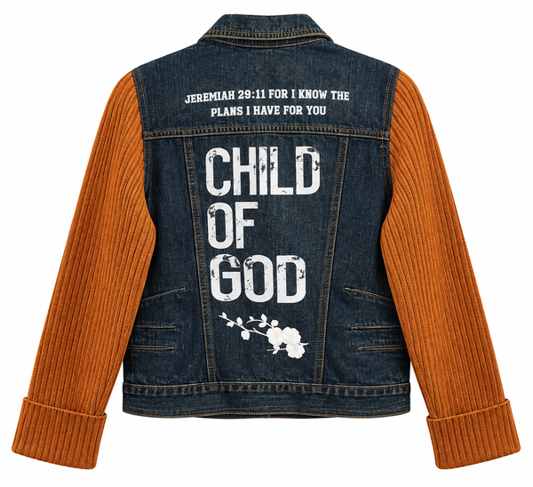 Child of God Custom Christian  Upcycled Knit Sleeves Denim Jacket, M