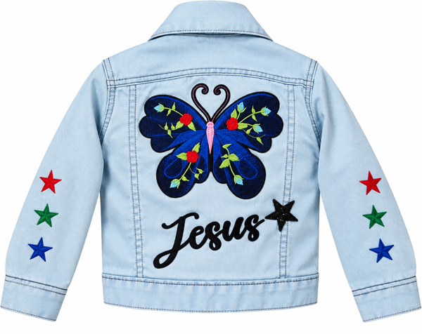 Jesus Butterfly Custom Christian Motif Upcycled Pale Blue Levi's Denim Jacket, Kids 6